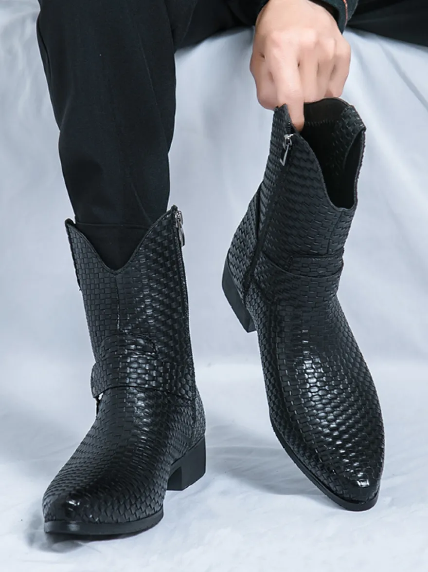Bottes de cowboy pour hommes bottines en cuir tressé à bout pointu et à talon bas