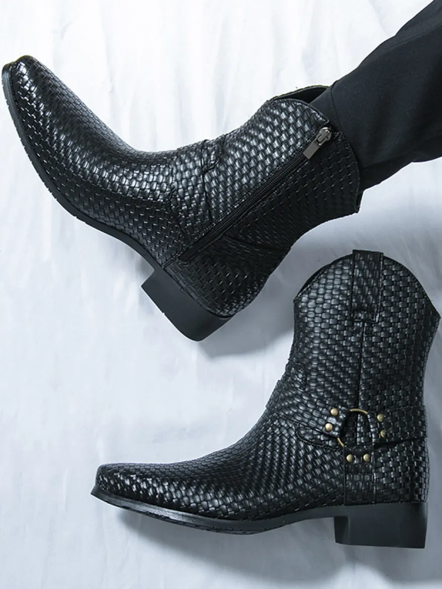 Bottes de cowboy pour hommes bottines en cuir tressé à bout pointu et à talon bas