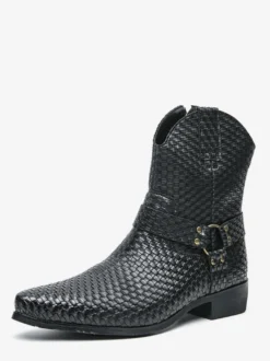 Bottes de cowboy pour hommes bottines en cuir tressé à bout pointu et à talon bas