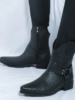 Bottes de cowboy pour hommes bottines en cuir tressé à bout pointu et à talon bas