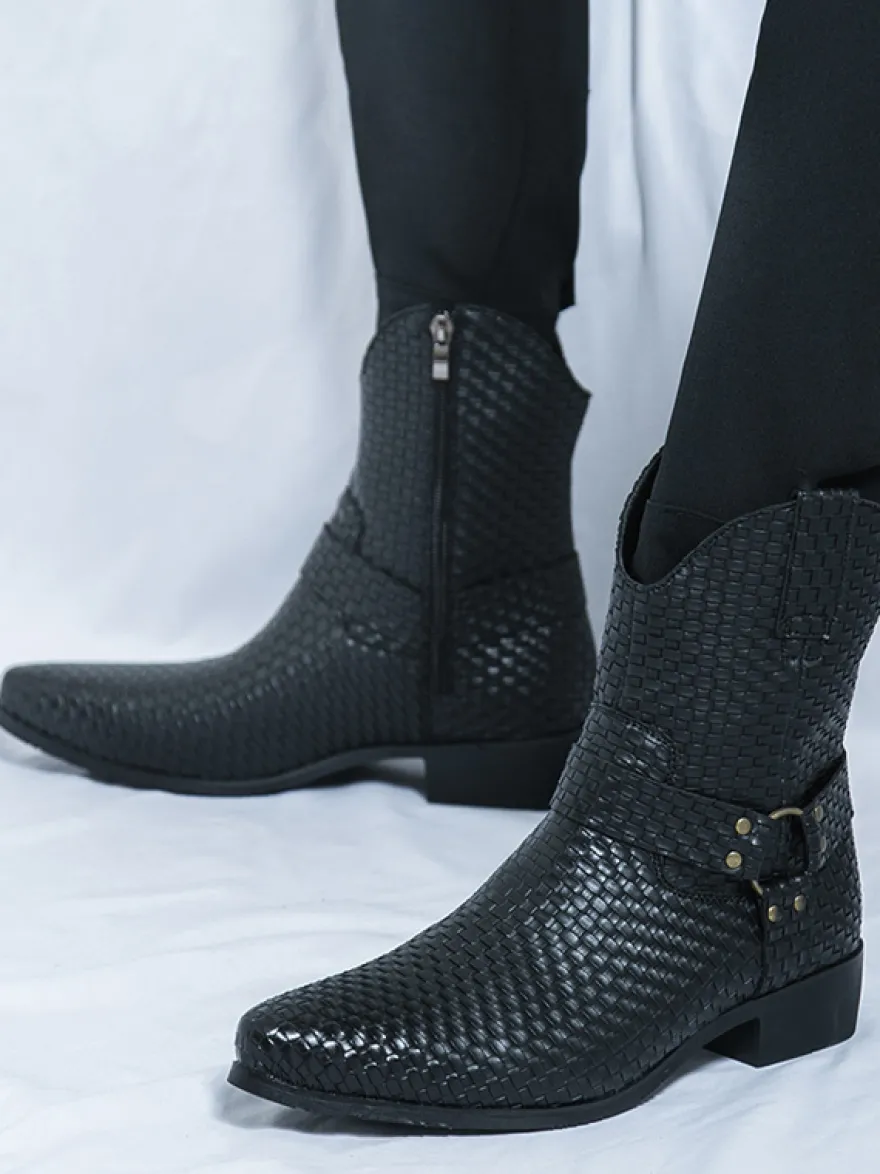 Bottes de cowboy pour hommes bottines en cuir tressé à bout pointu et à talon bas