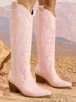Bottes de cowboy roses pour femmes bout rond talon épais hauteur genou