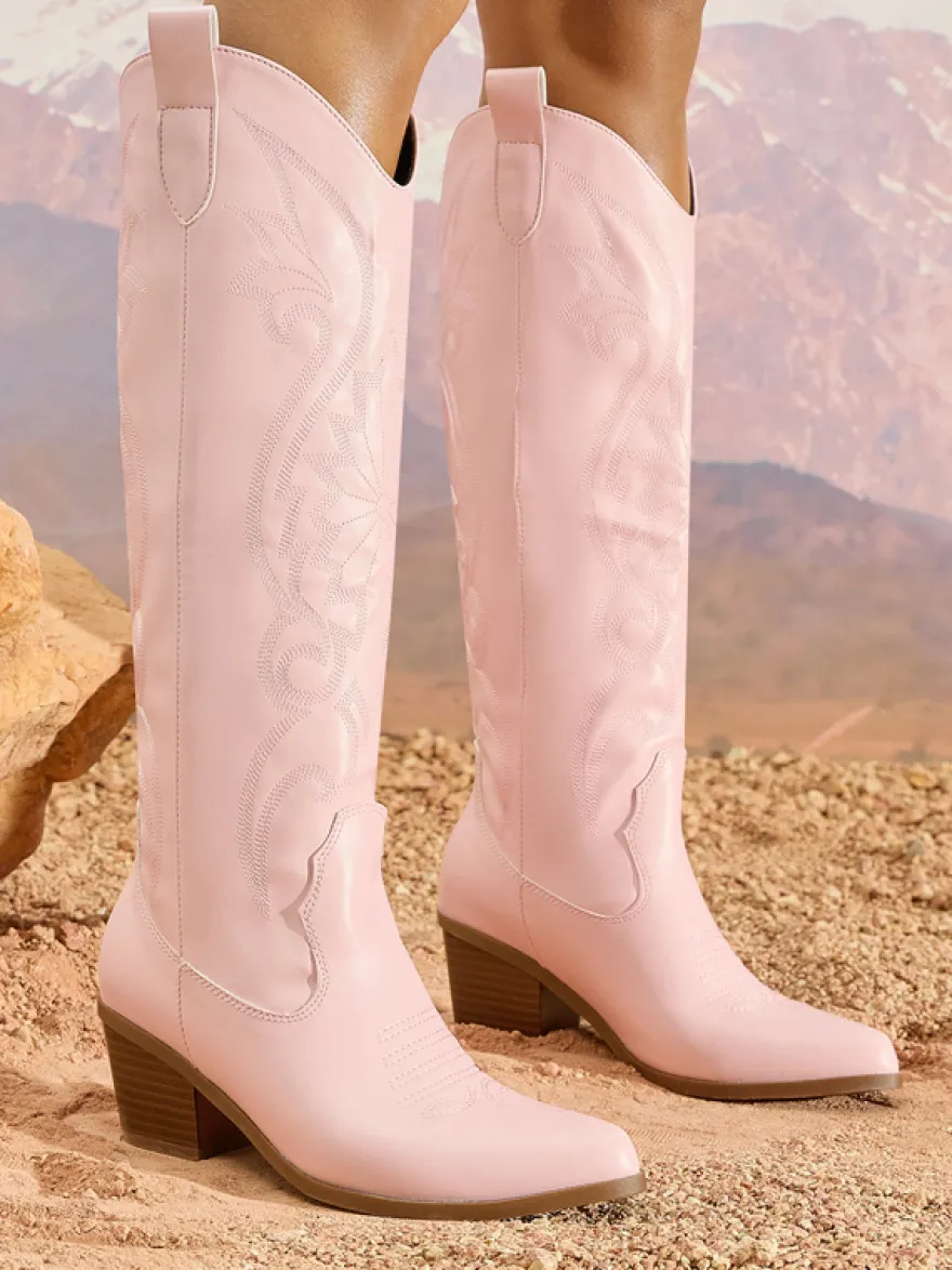 Bottes de cowboy roses pour femmes bout rond talon épais hauteur genou
