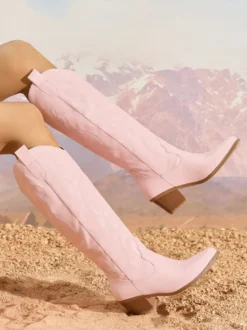 Bottes de cowboy roses pour femmes bout rond talon épais hauteur genou
