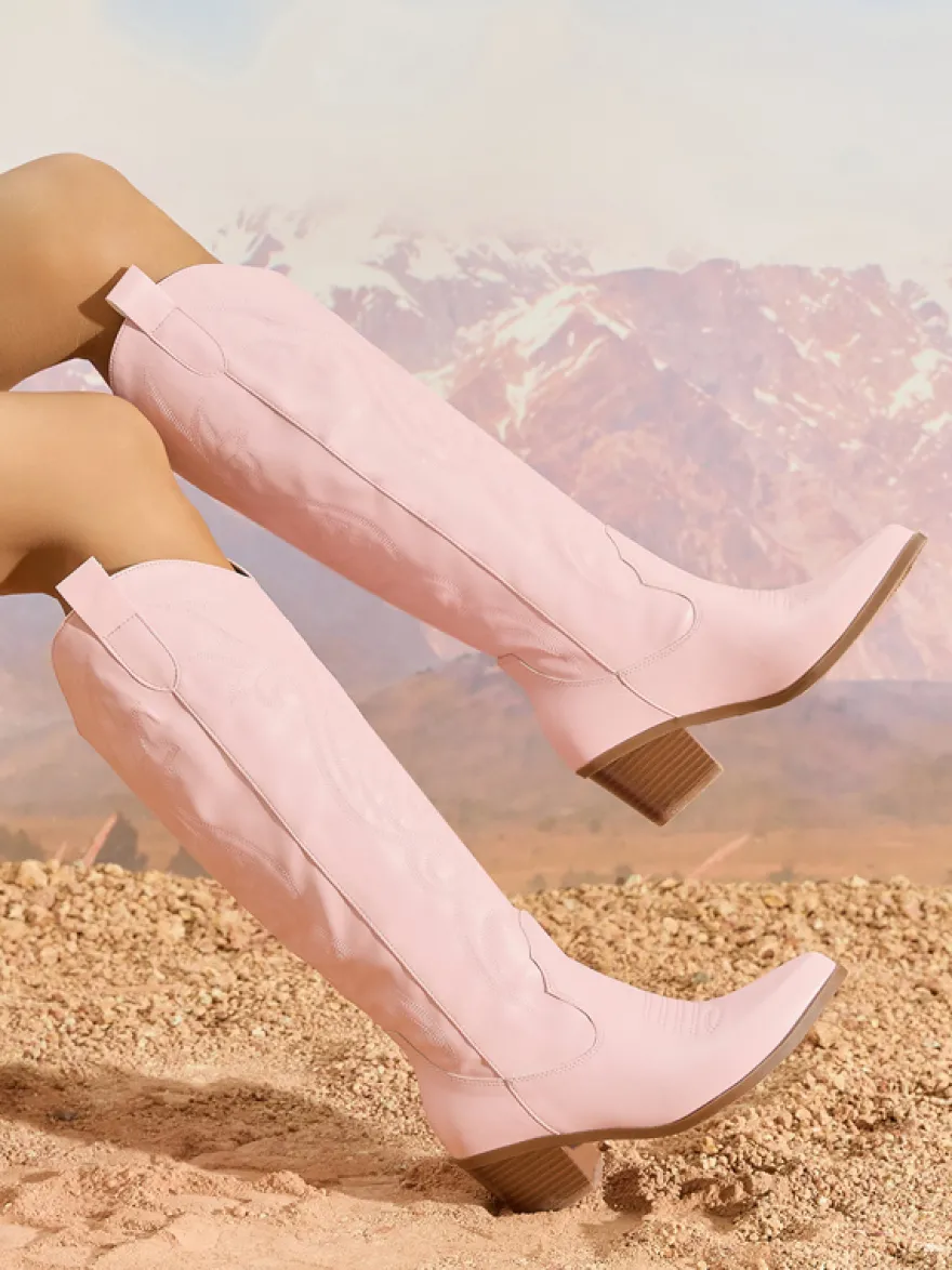 Bottes de cowboy roses pour femmes bout rond talon épais hauteur genou