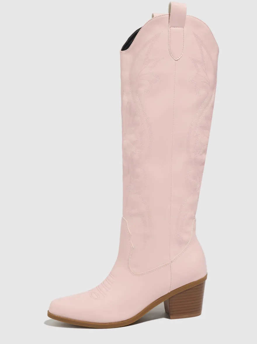 Bottes de cowboy roses pour femmes bout rond talon épais hauteur genou