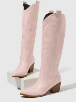 Bottes de cowboy roses pour femmes bout rond talon épais hauteur genou