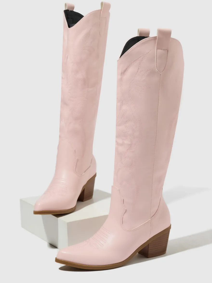 Bottes de cowboy roses pour femmes bout rond talon épais hauteur genou