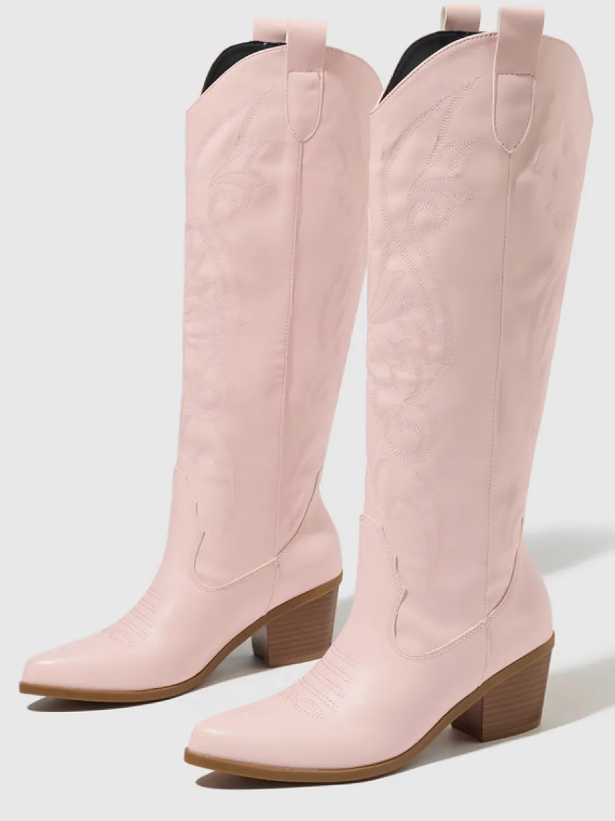 Bottes de cowboy roses pour femmes bout rond talon épais hauteur genou