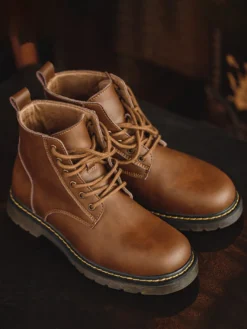 Bottes de travail pour hommes en cuir PU chic bottines courtes marron