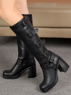 Bottes d'équitation noires pour femmes bout carré boucle talon épais bottes hautes au genou