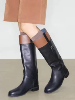 Bottes d'équitation pour femmes bout rond détail boucle bottes plates hautes au genou