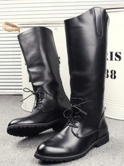 Bottes d'équitation pour hommes noires à bout rond et à lacets montantes jusqu'aux genoux