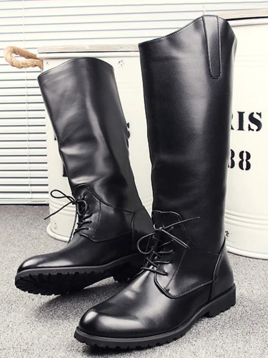 Bottes d'équitation pour hommes noires à bout rond et à lacets montantes jusqu'aux genoux