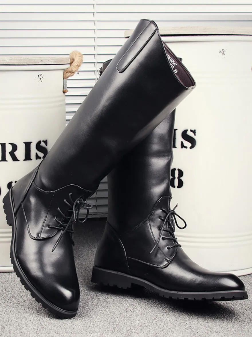 Bottes d'équitation pour hommes noires à bout rond et à lacets montantes jusqu'aux genoux