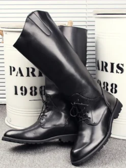 Bottes d'équitation pour hommes noires à bout rond et à lacets montantes jusqu'aux genoux