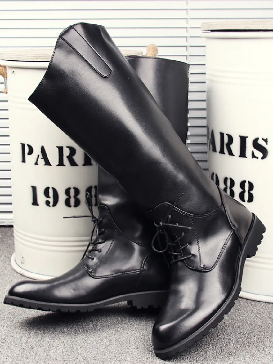 Bottes d'équitation pour hommes noires à bout rond et à lacets montantes jusqu'aux genoux