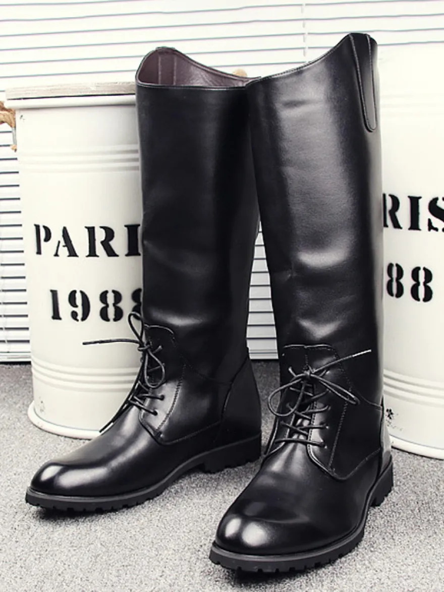 Bottes d'équitation pour hommes noires à bout rond et à lacets montantes jusqu'aux genoux