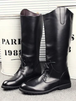 Bottes d'équitation pour hommes noires à bout rond et à lacets montantes jusqu'aux genoux