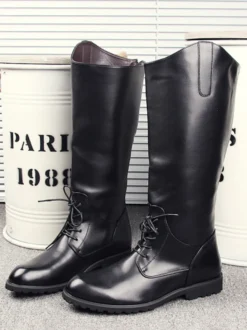 Bottes d'équitation pour hommes noires à bout rond et à lacets montantes jusqu'aux genoux