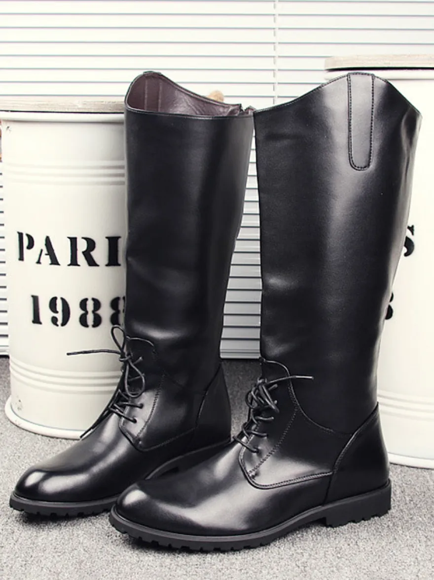 Bottes d'équitation pour hommes noires à bout rond et à lacets montantes jusqu'aux genoux