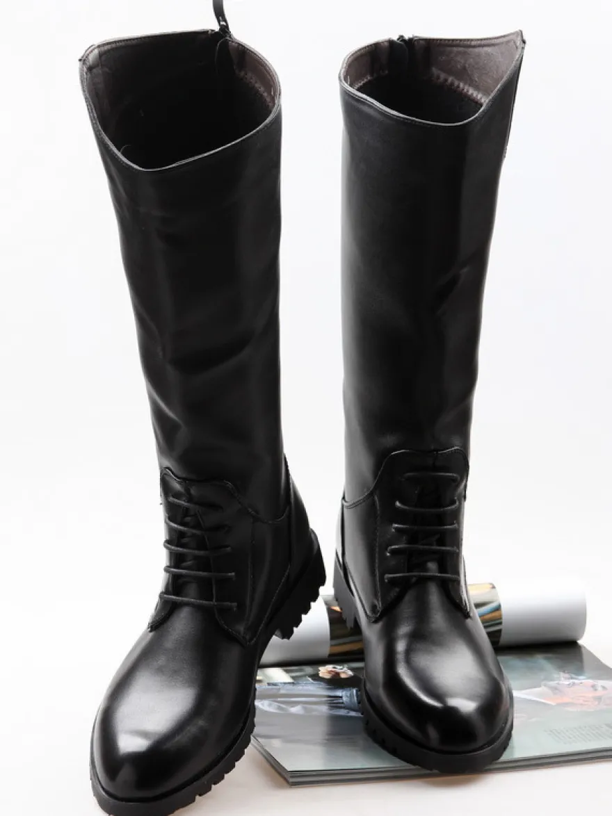 Bottes d'équitation pour hommes noires à bout rond et à lacets montantes jusqu'aux genoux