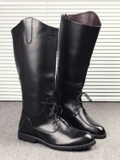 Bottes d'équitation pour hommes noires à bout rond et à lacets montantes jusqu'aux genoux