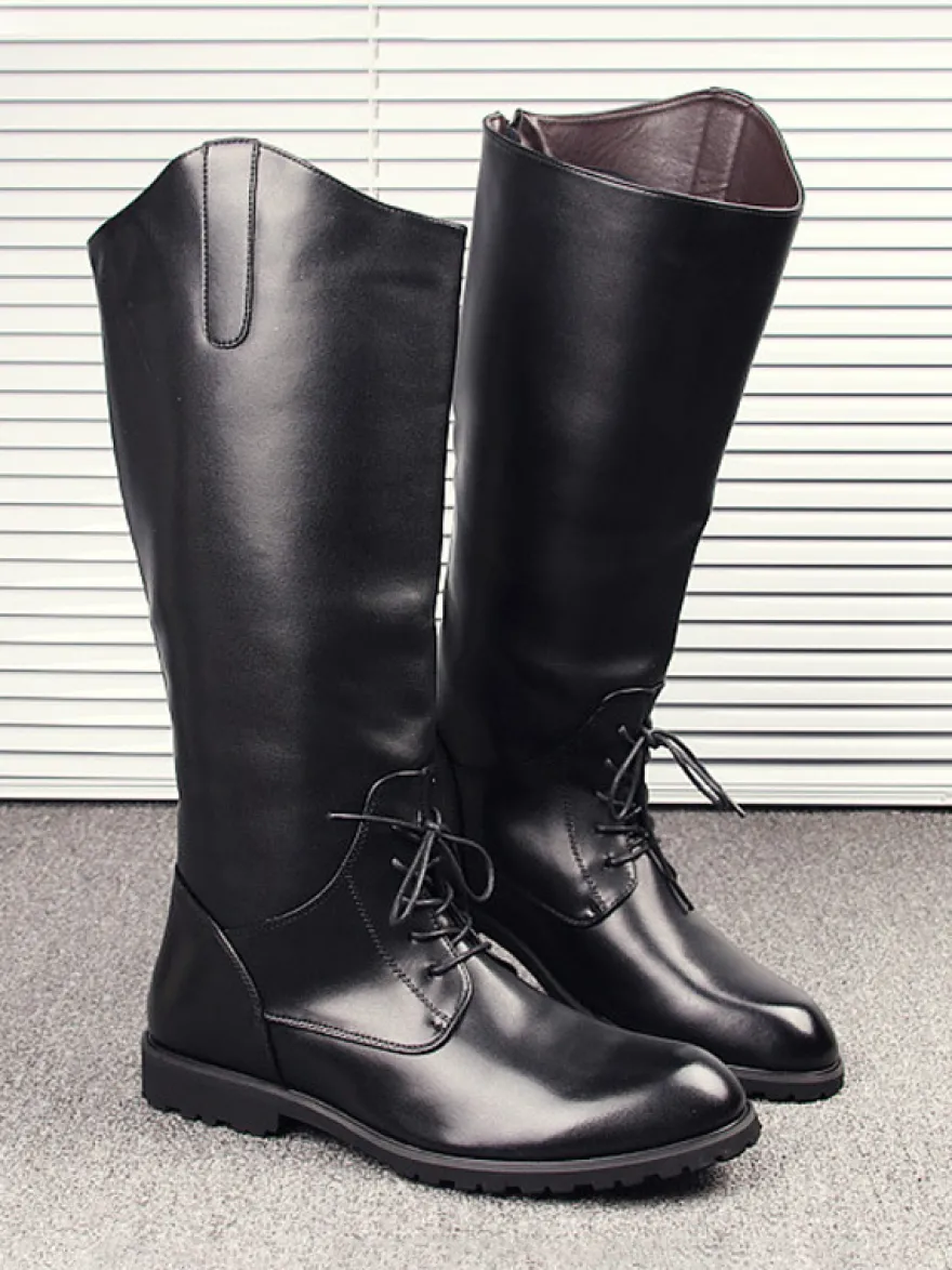 Bottes d'équitation pour hommes noires à bout rond et à lacets montantes jusqu'aux genoux