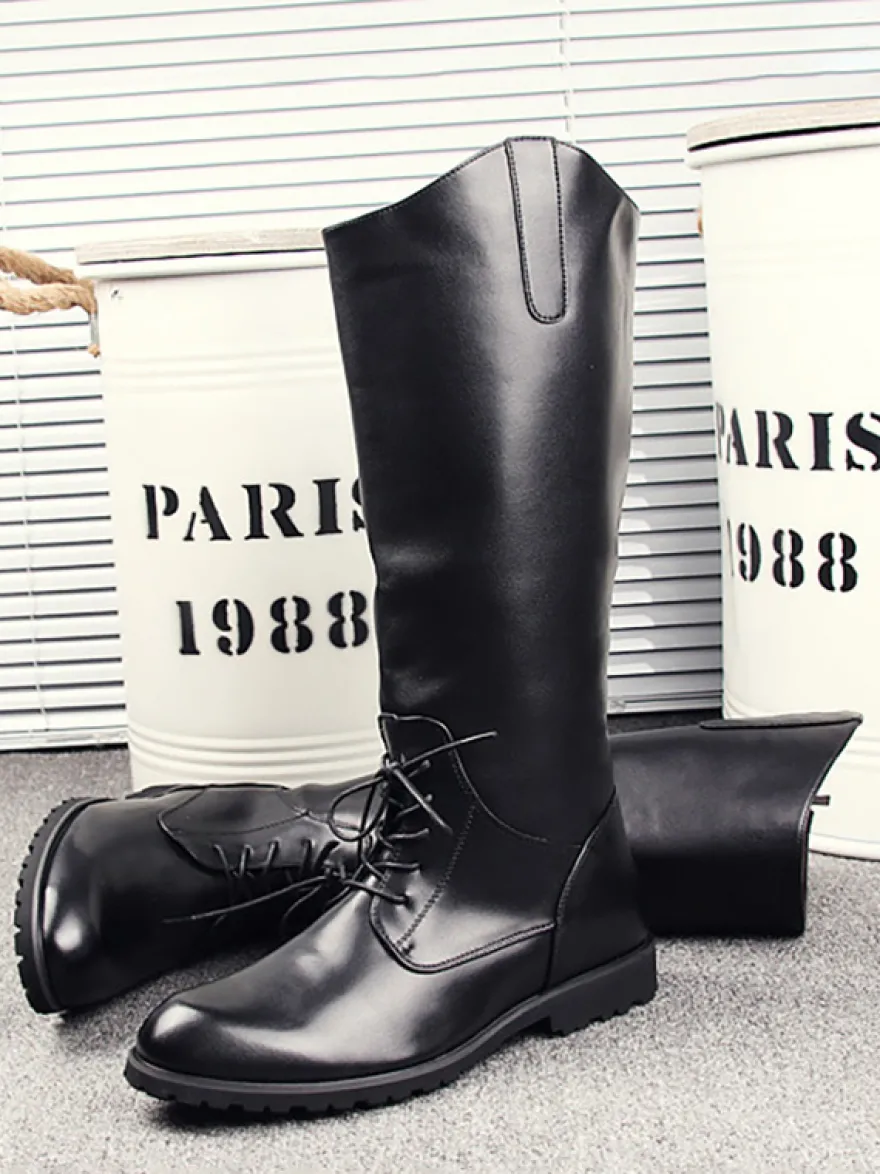 Bottes d'équitation pour hommes noires à bout rond et à lacets montantes jusqu'aux genoux