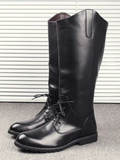 Bottes d'équitation pour hommes noires à bout rond et à lacets montantes jusqu'aux genoux