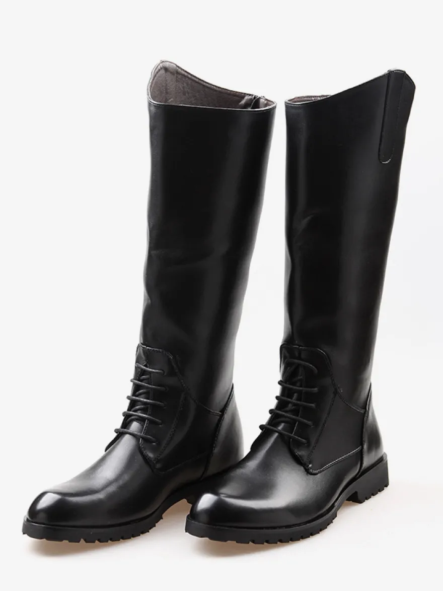 Bottes d'équitation pour hommes noires à bout rond et à lacets montantes jusqu'aux genoux