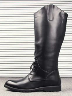 Bottes d'équitation pour hommes noires à bout rond et à lacets montantes jusqu'aux genoux