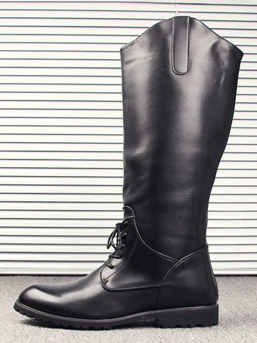 Bottes d'équitation pour hommes noires à bout rond et à lacets montantes jusqu'aux genoux