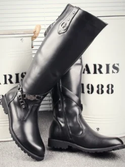 Bottes d'équitation pour hommes noires bout rond boucle montantes jusqu'aux genoux