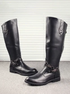 Bottes d'équitation pour hommes noires bout rond boucle montantes jusqu'aux genoux