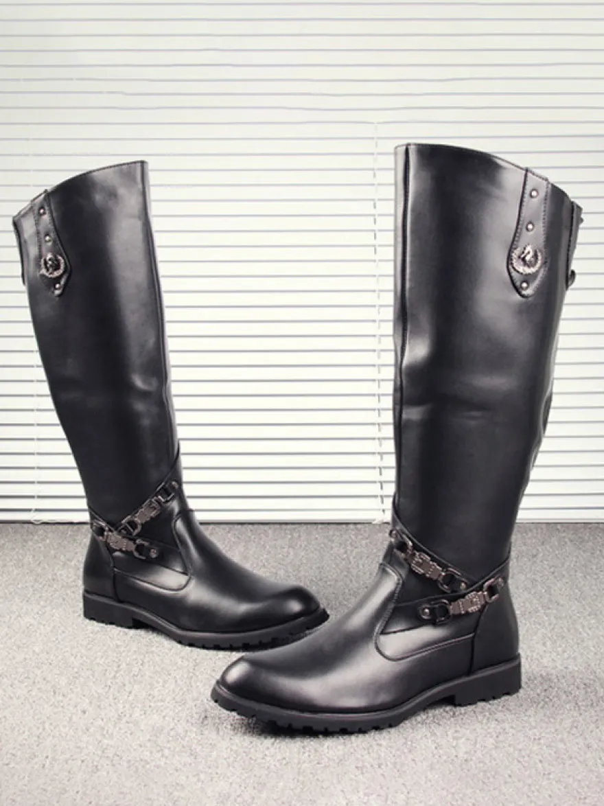 Bottes d'équitation pour hommes noires bout rond boucle montantes jusqu'aux genoux