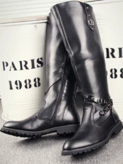 Bottes d'équitation pour hommes noires bout rond boucle montantes jusqu'aux genoux