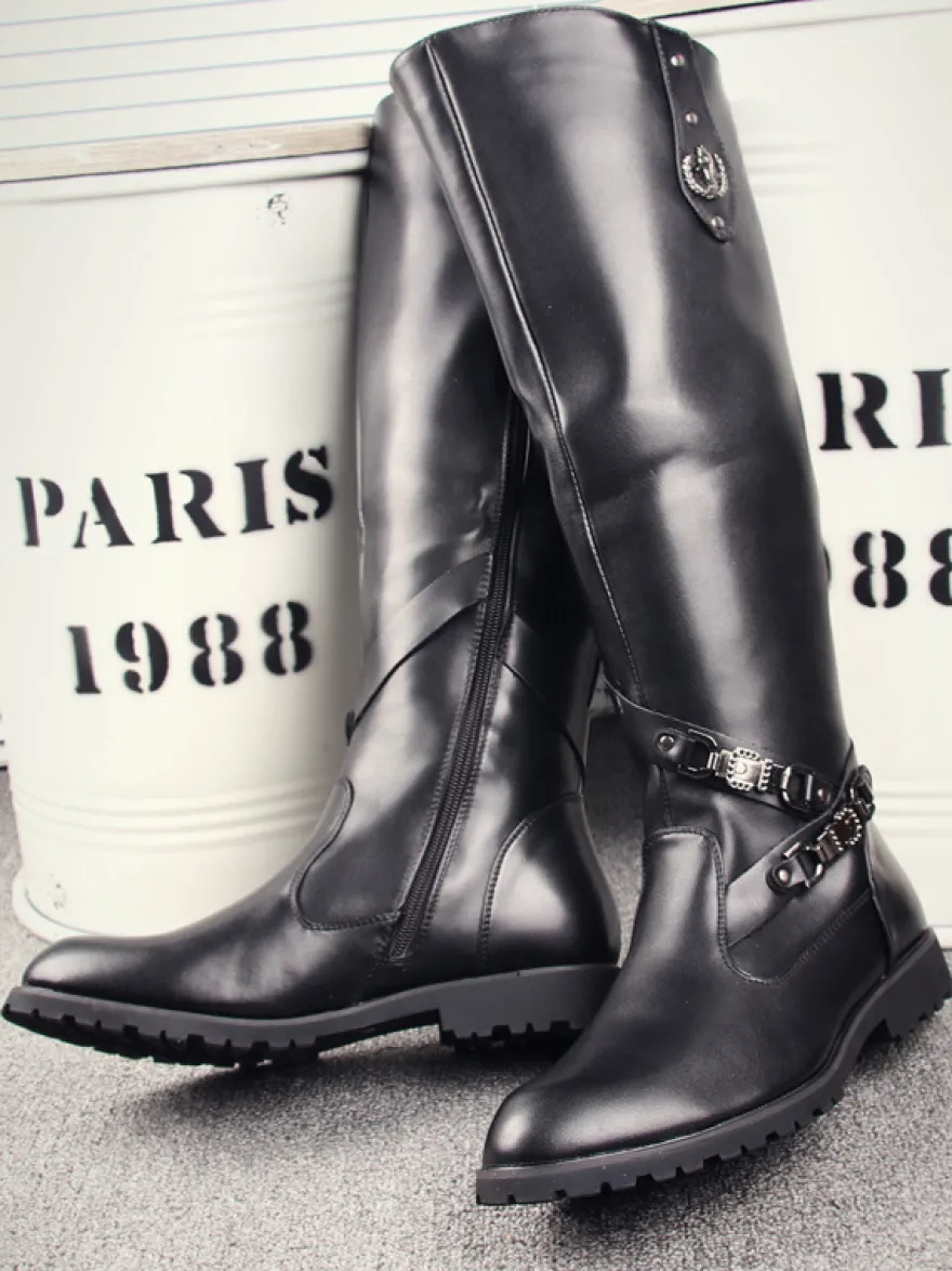 Bottes d'équitation pour hommes noires bout rond boucle montantes jusqu'aux genoux