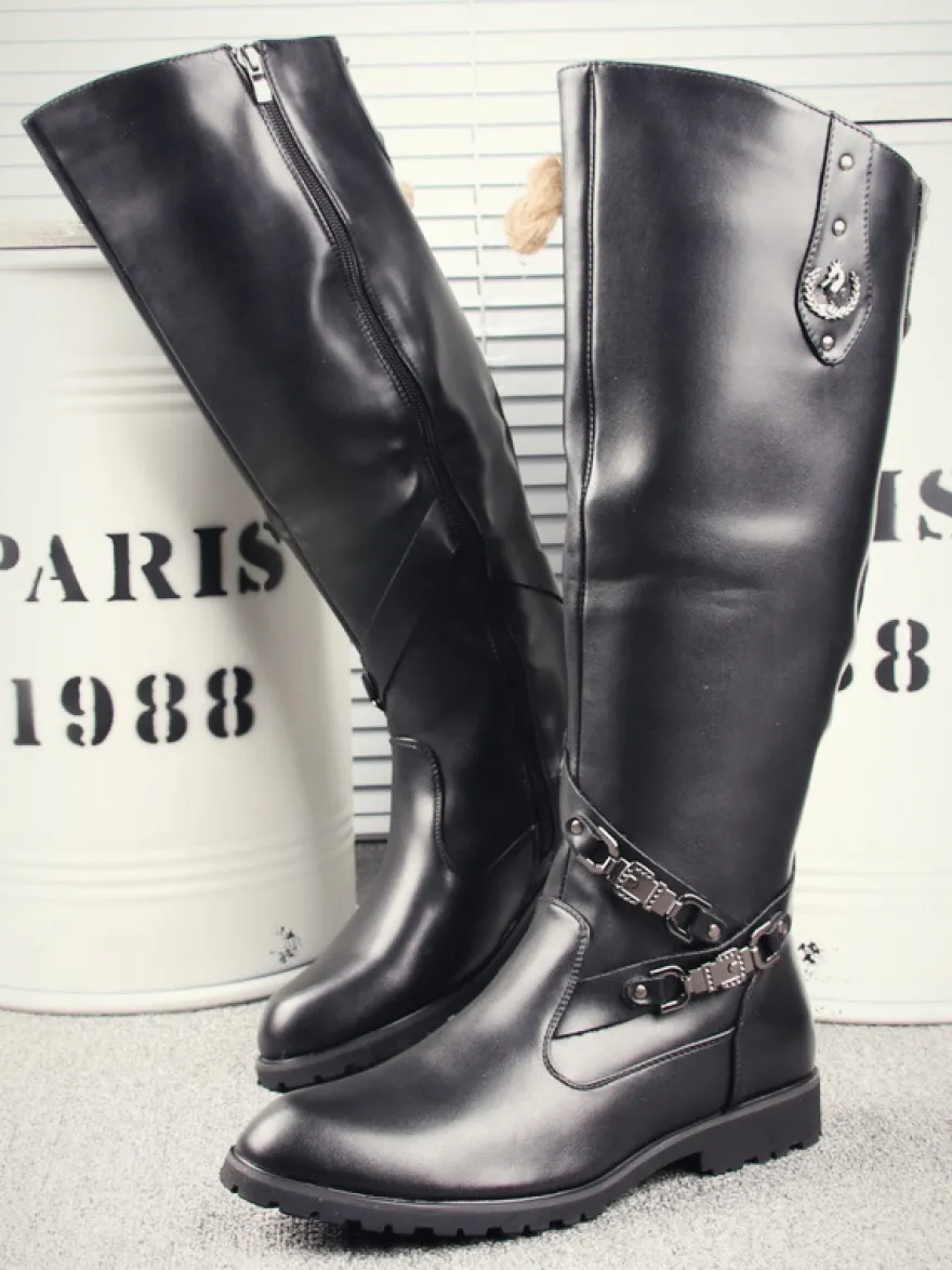 Bottes d'équitation pour hommes noires bout rond boucle montantes jusqu'aux genoux