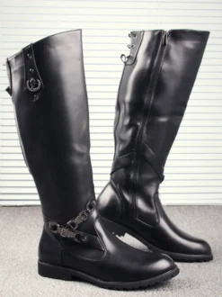 Bottes d'équitation pour hommes noires bout rond boucle montantes jusqu'aux genoux