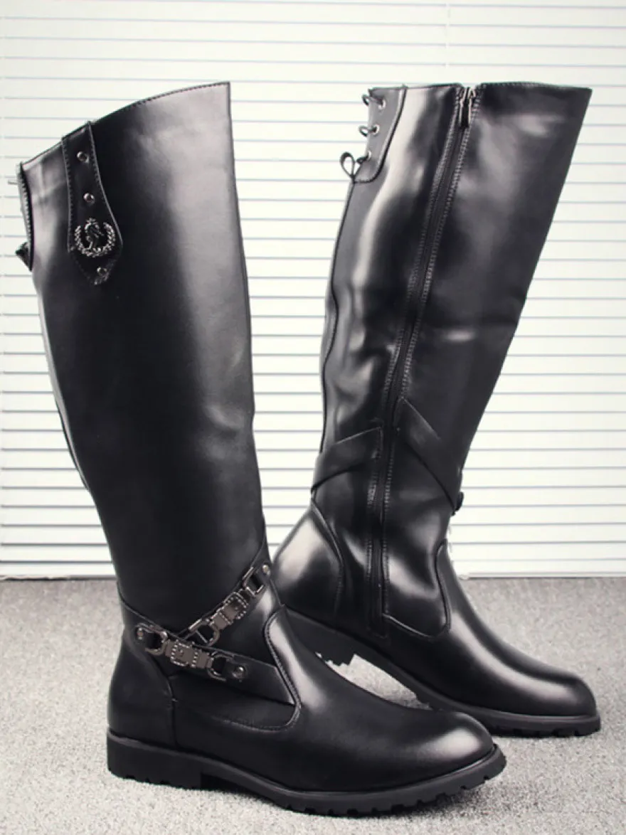 Bottes d'équitation pour hommes noires bout rond boucle montantes jusqu'aux genoux