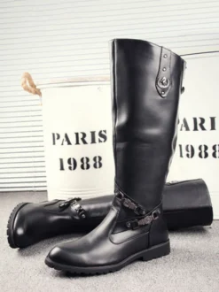 Bottes d'équitation pour hommes noires bout rond boucle montantes jusqu'aux genoux