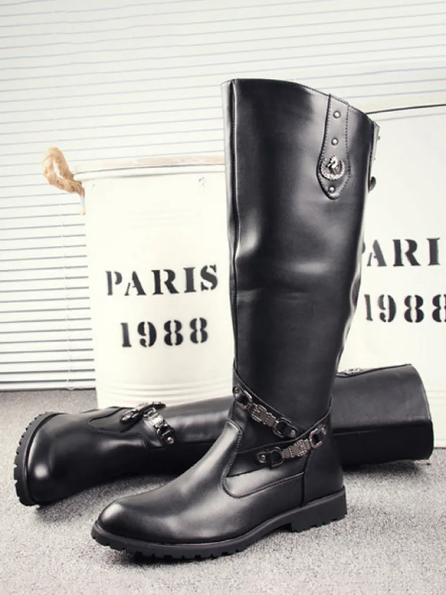 Bottes d'équitation pour hommes noires bout rond boucle montantes jusqu'aux genoux