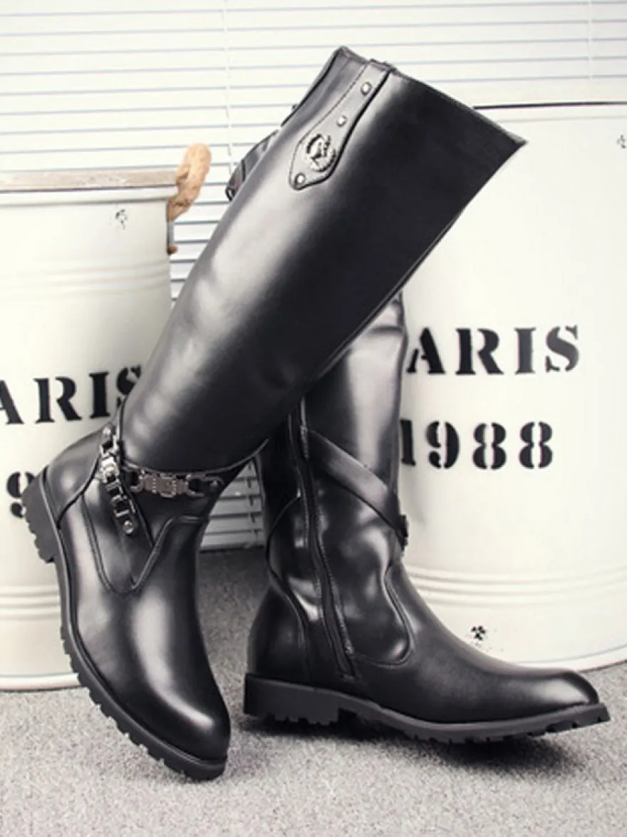 Bottes d'équitation pour hommes noires bout rond boucle montantes jusqu'aux genoux