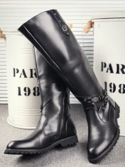Bottes d'équitation pour hommes noires bout rond boucle montantes jusqu'aux genoux