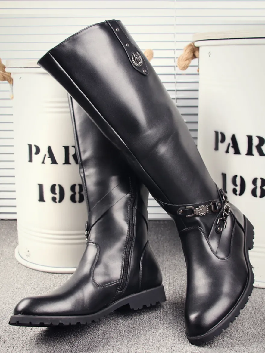 Bottes d'équitation pour hommes noires bout rond boucle montantes jusqu'aux genoux