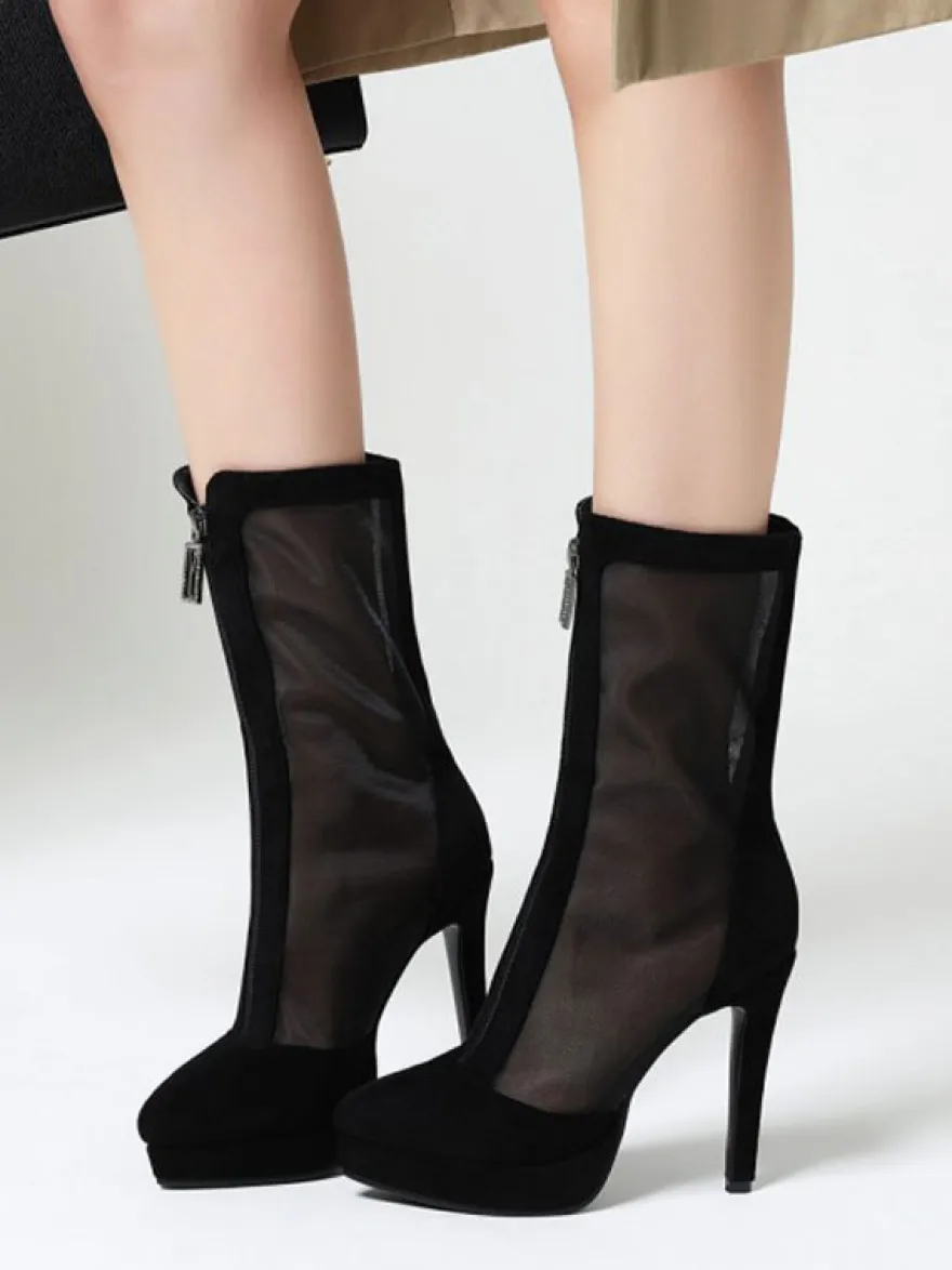 Bottes d'été noires à bout pointu avec fermeture éclair sur le devant Bottes courtes d'été
