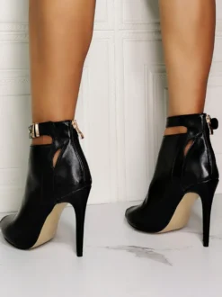 Bottes d'été noires Peep Toe talon aiguille en cuir PU bride à la cheville bottines à talon