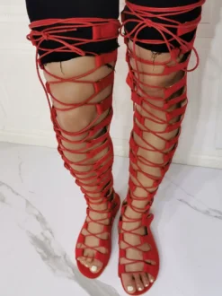 Bottes d'été rouges à bout ouvert talon plat micro daim sandales gladiateur d'été