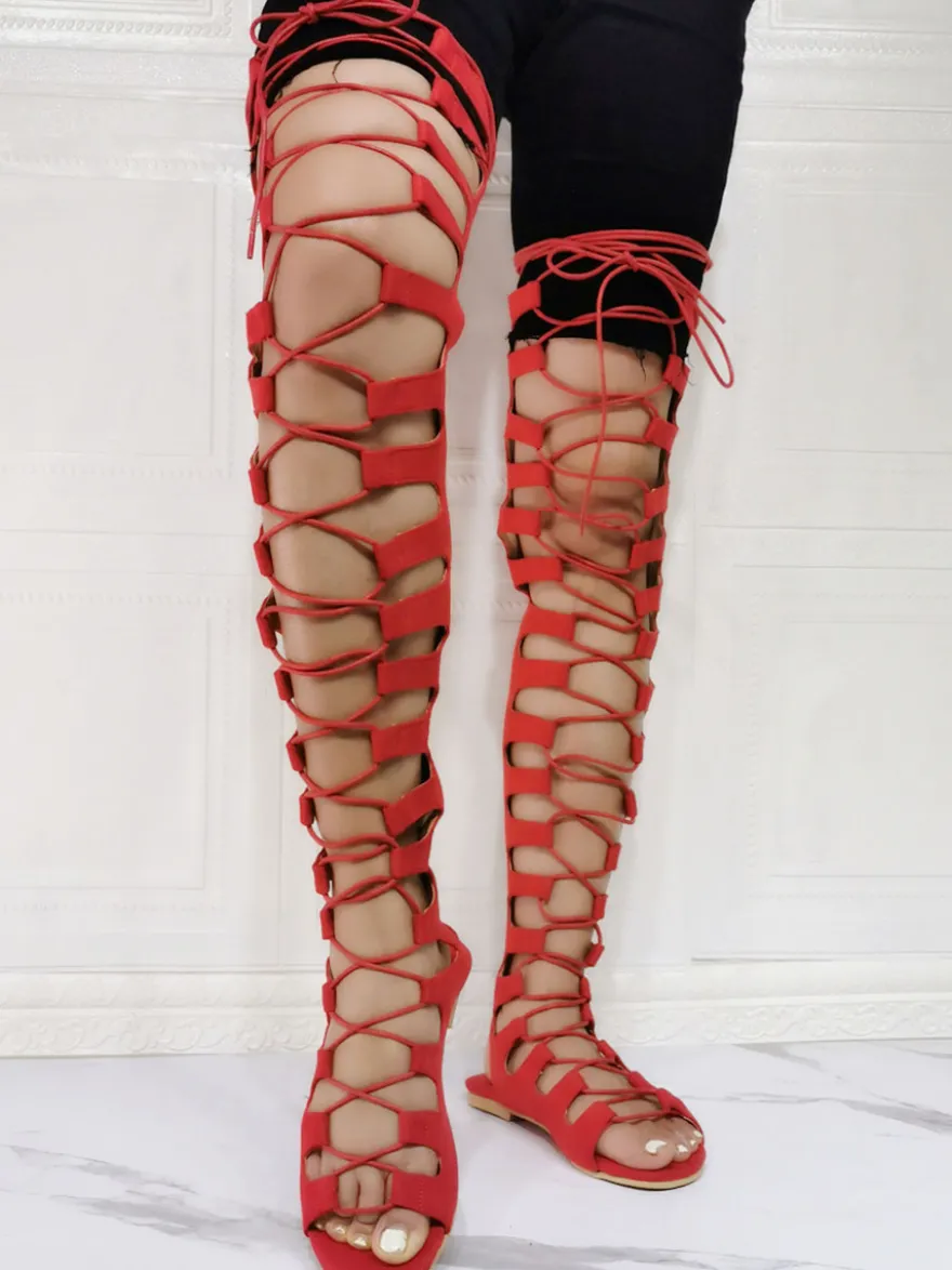 Bottes d'été rouges à bout ouvert talon plat micro daim sandales gladiateur d'été